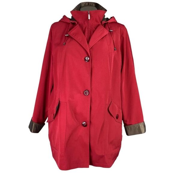Gallery Rain Coat Women 1X Red Detachable Hood Pockets Stand Collar Fall Liner - Picture 1 of 11